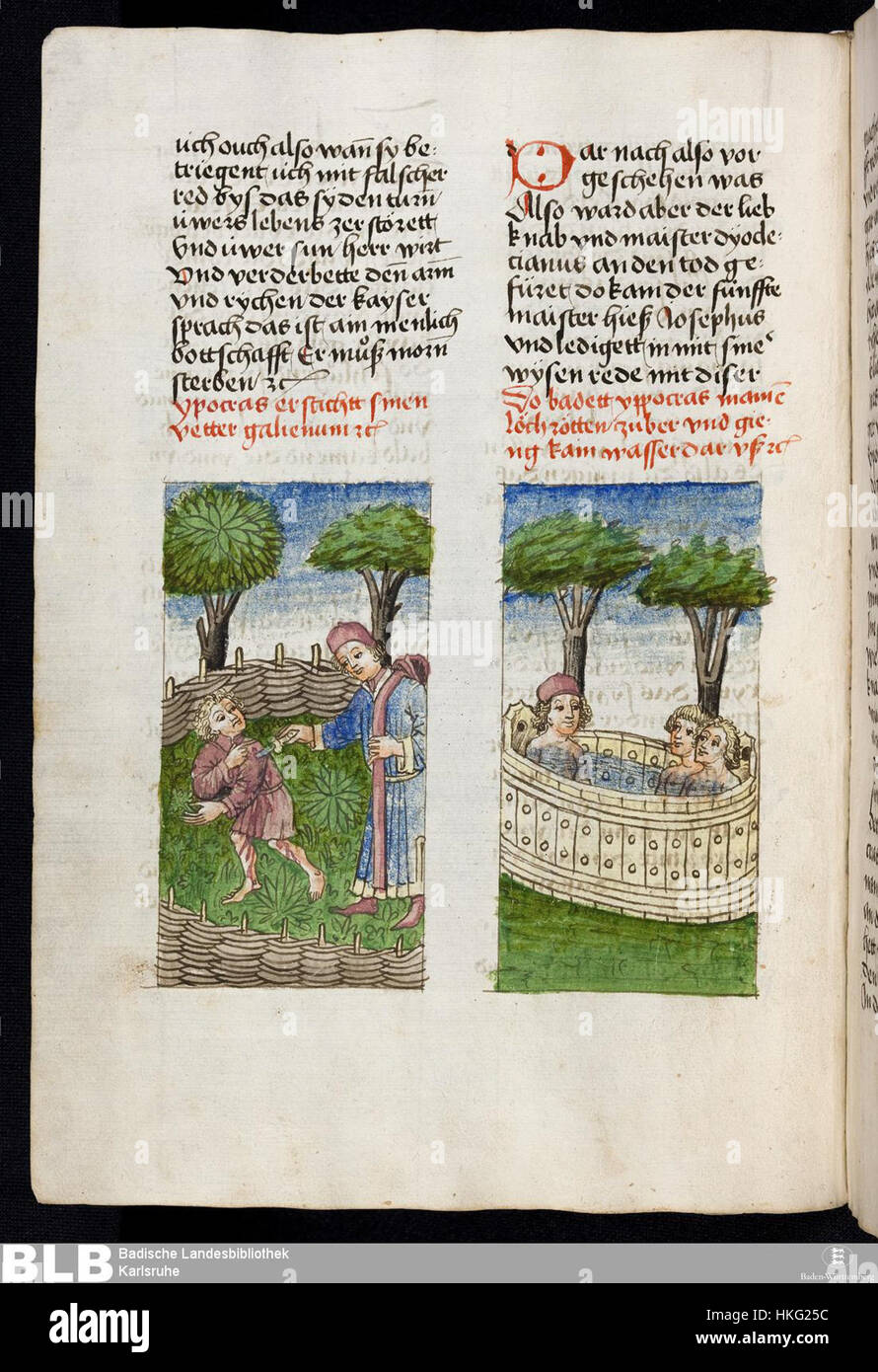 Une page de la *Gesta Romanorum*, un manuscrit médiéval contenant des histoires et des contes moraux. Cette page spécifique, tirée du manuscrit de Donaueschingen, illustre une histoire médiévale avec des leçons religieuses et morales. Banque D'Images