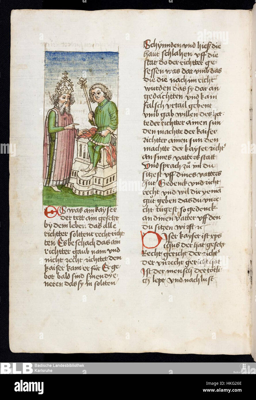 La *Gesta Romanorum*, une collection médiévale d'histoires, contient cette page illustrée du manuscrit de Donaueschingen (80v), mettant en valeur un mélange de narration et d'illustration artistique qui reflète la narration médiévale et des thèmes religieux. Banque D'Images