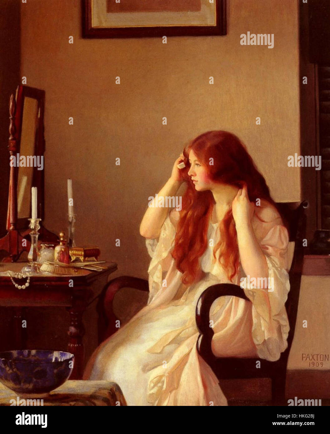 *William Paxton* était un artiste américain renommé. Cette peinture à l'huile capture un moment serein et introspectif, mettant en valeur le style caractéristique de Paxton qui mélange réalisme et interprétation artistique. Banque D'Images