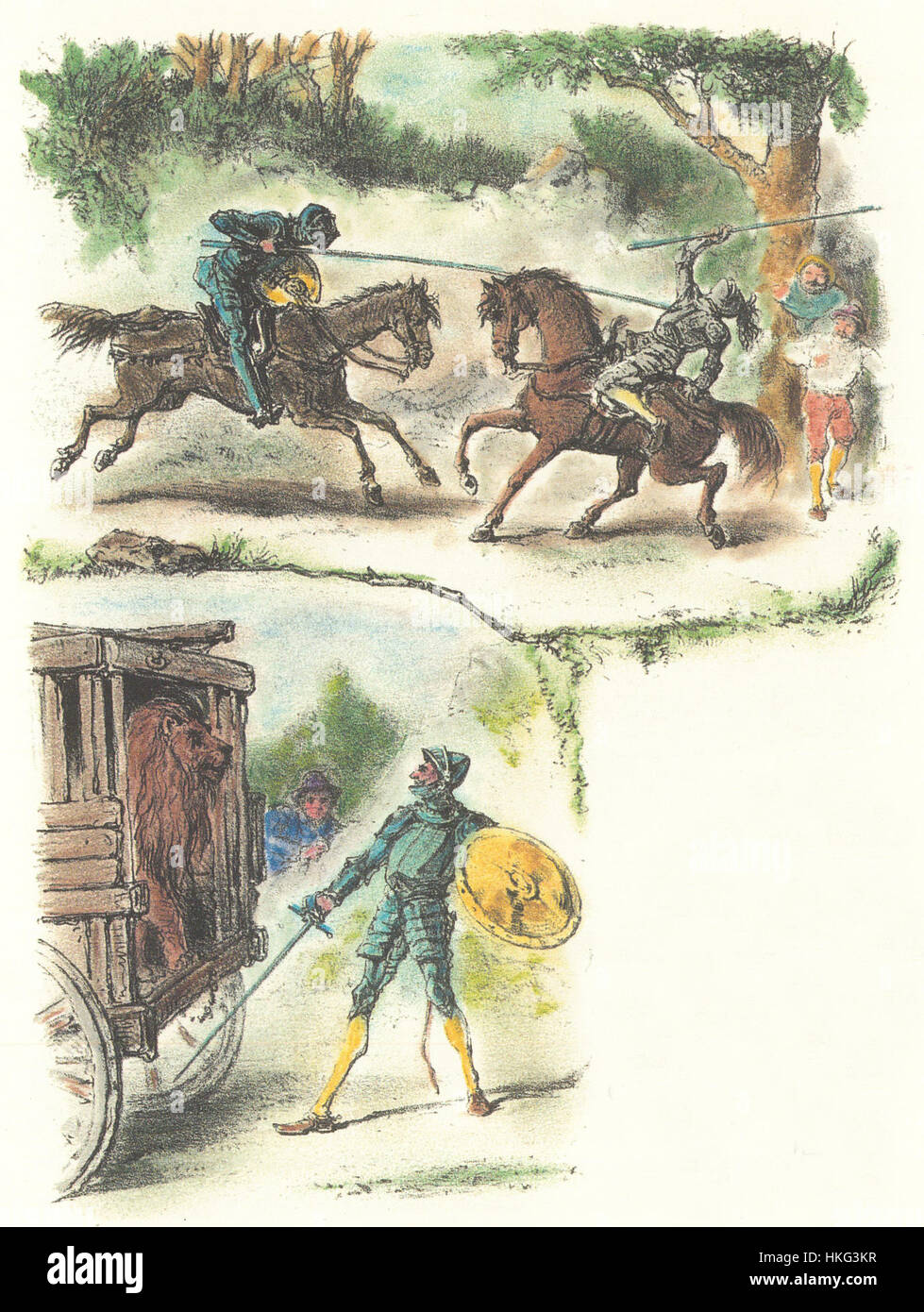 Cette illustration de *Don Quichotte* représente des scènes de la célèbre œuvre littéraire. L'œuvre capture l'essence des thèmes du roman, mélangeant des éléments imaginatifs avec des représentations détaillées des personnages. Banque D'Images