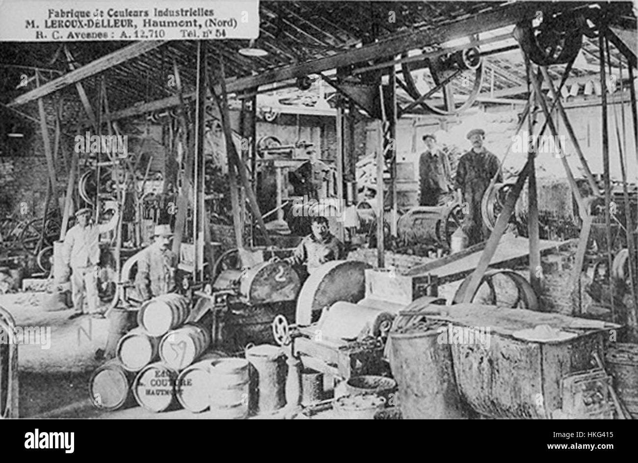 'Fabrique de couleurs Leroux Delleur' représente un atelier d'artiste, illustrant les couleurs vibrantes et les outils utilisés dans la création de fine intégrés La pièce met en valeur l'art impliqué dans la préparation des couleurs et le processus créatif. Banque D'Images