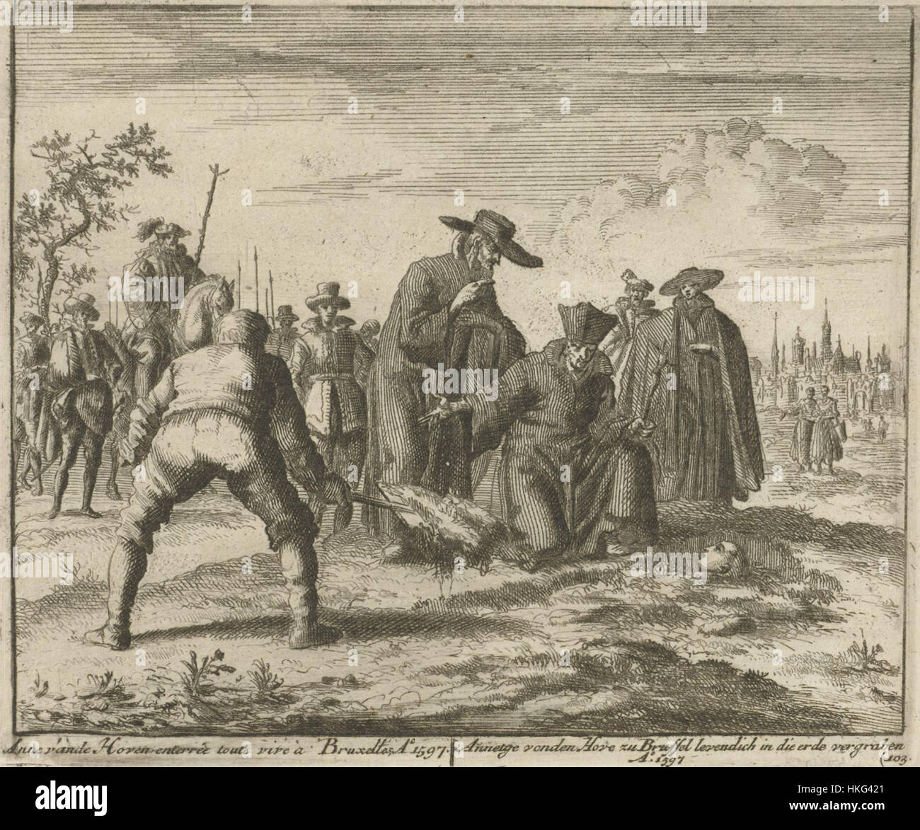 *Anneken van den Hove te Brussel levend begraven*, œuvre de Jan Luyken datant de 1597, décrit l'histoire tragique d'Anneken van den Hove, enterré vivant à Bruxelles. Cette pièce est une gravure qui capture l’intensité de cet événement historique. Banque D'Images