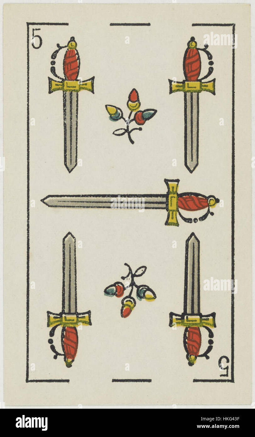 Une illustration de 1860 tirée du jeu d'Aluette de Grimaud, représentant la carte des cinq épées dans le jeu de Tarot. L'œuvre fait partie d'une collection de cartes de Tarot vintage. Banque D'Images