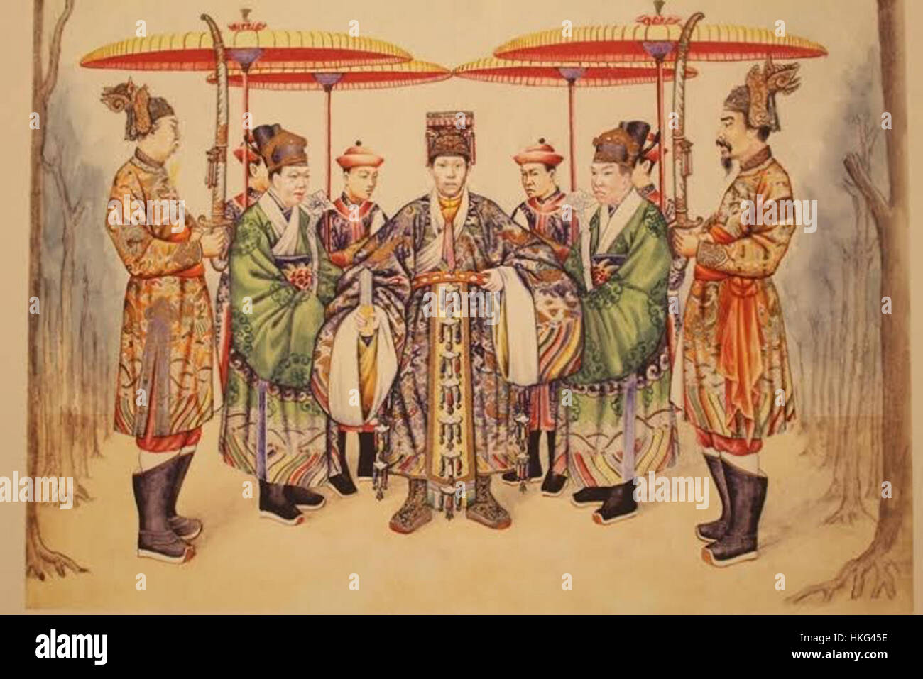 Cette peinture, *Tranh Trieu Nguyen*, représente l’art et la culture traditionnels vietnamiens. Il met en lumière la riche histoire du peuple vietnamien et son patrimoine artistique, offrant un aperçu de la vie historique vietnamienne. Banque D'Images