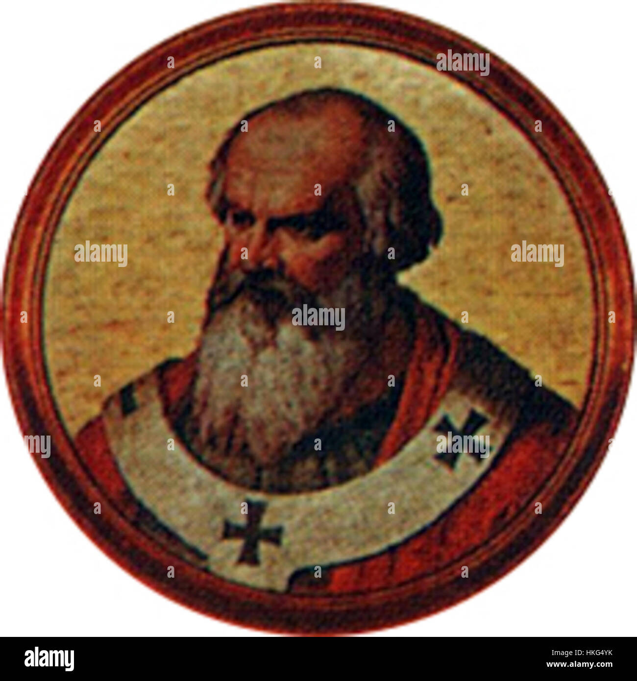 Le pape Jean XVII, connu pour sa courte papauté, fut pape de 1003 à 1004. Sa papauté est marquée par peu de documents historiques, mais il est souvent représenté dans l'art religieux de l'époque. Ce portrait illustre la dignité et la révérence associées à la papauté au début du XIe siècle. Banque D'Images