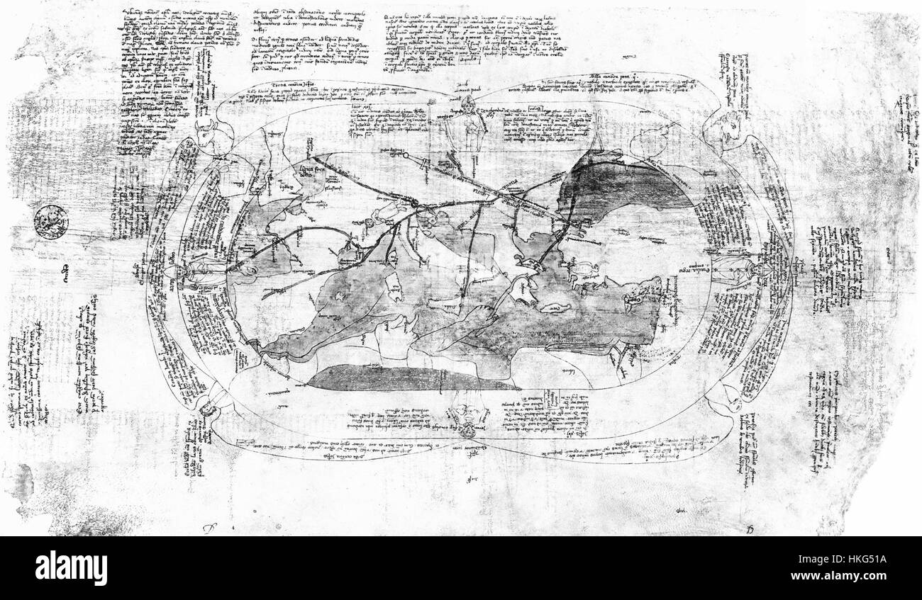 La carte du monde d’Opicinus de Canistris, créée entre 1296 et 1300, est une carte manuscrite médiévale qui reflète l’interprétation unique de l’artiste du monde connu. La carte combine des éléments géographiques et théologiques, offrant un aperçu de la compréhension médiévale de la géographie et de la cosmologie. Banque D'Images