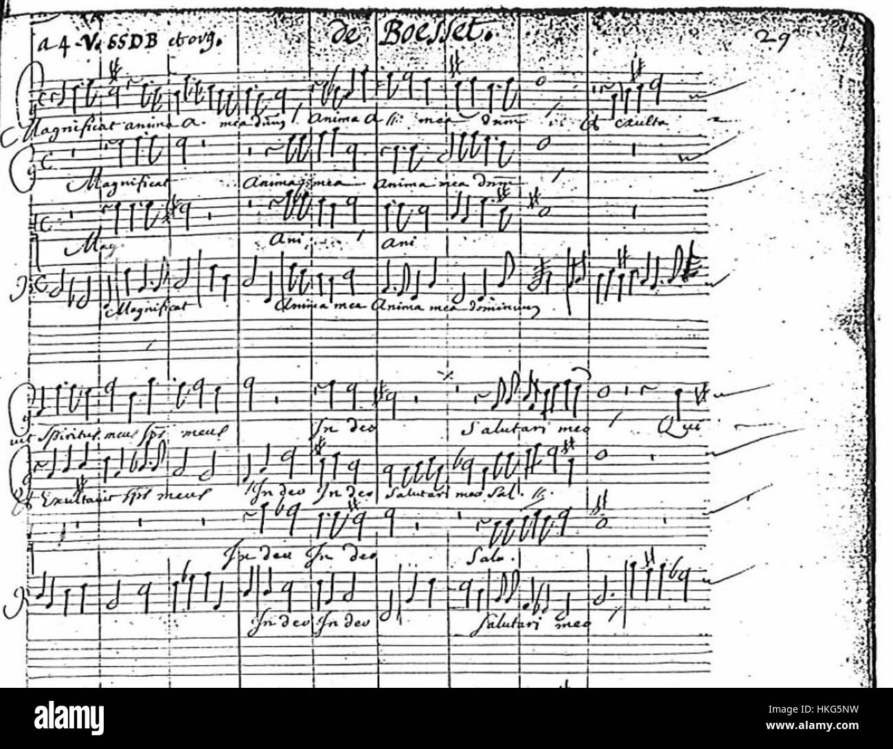 Le Magnificat de Boesset, une composition musicale baroque du XVIIe siècle, est basé sur le cantique biblique de Marie et est typique de la profondeur émotionnelle et de la grandeur caractéristiques de la musique sacrée baroque. Banque D'Images