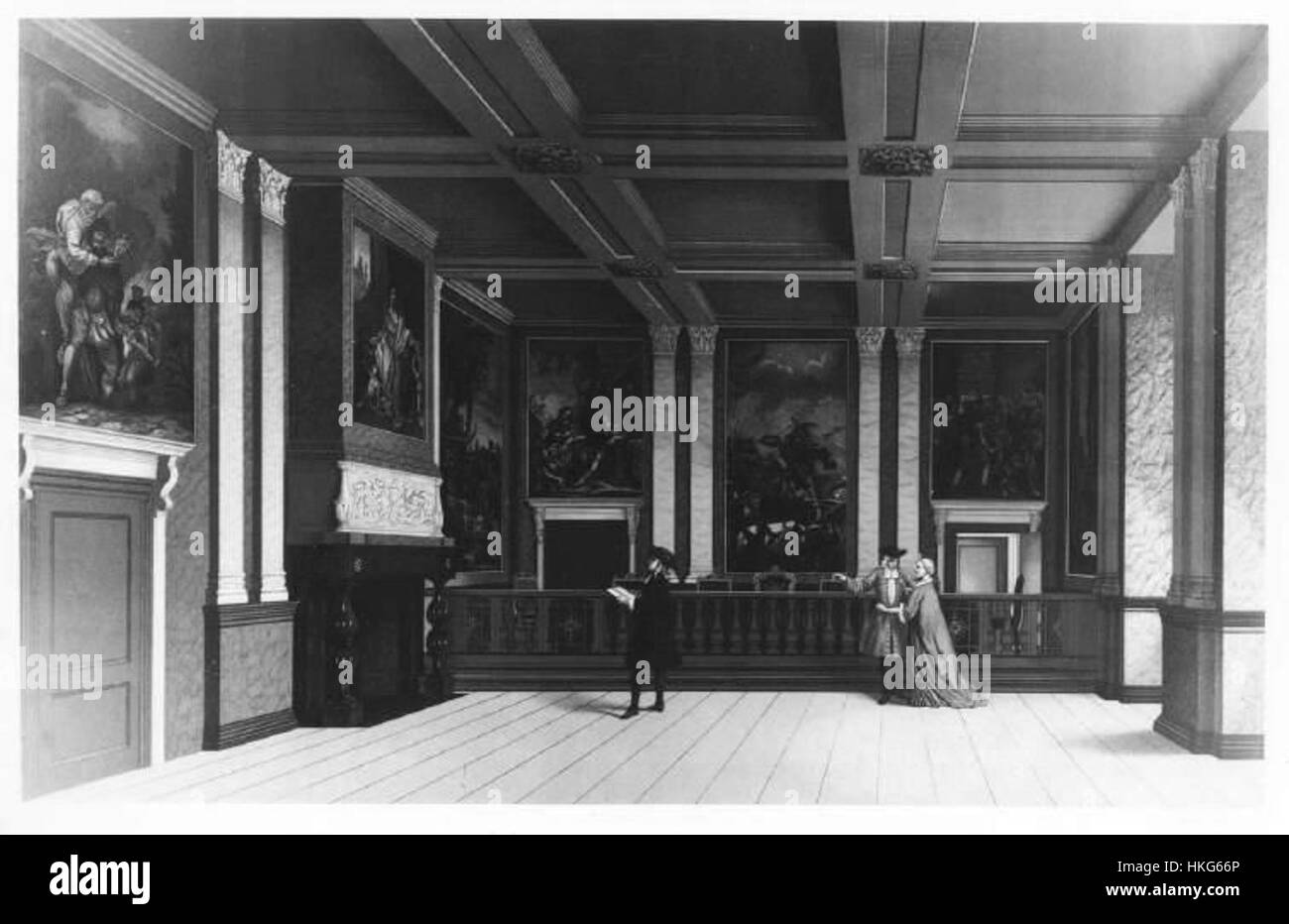 Cette peinture représente l'intérieur du *Lairessezaal* au Binnenhof à la Haye, un bâtiment politique important aux pays-Bas. L'image capture la grandeur et la beauté architecturale de la salle d'état hollandaise. Banque D'Images