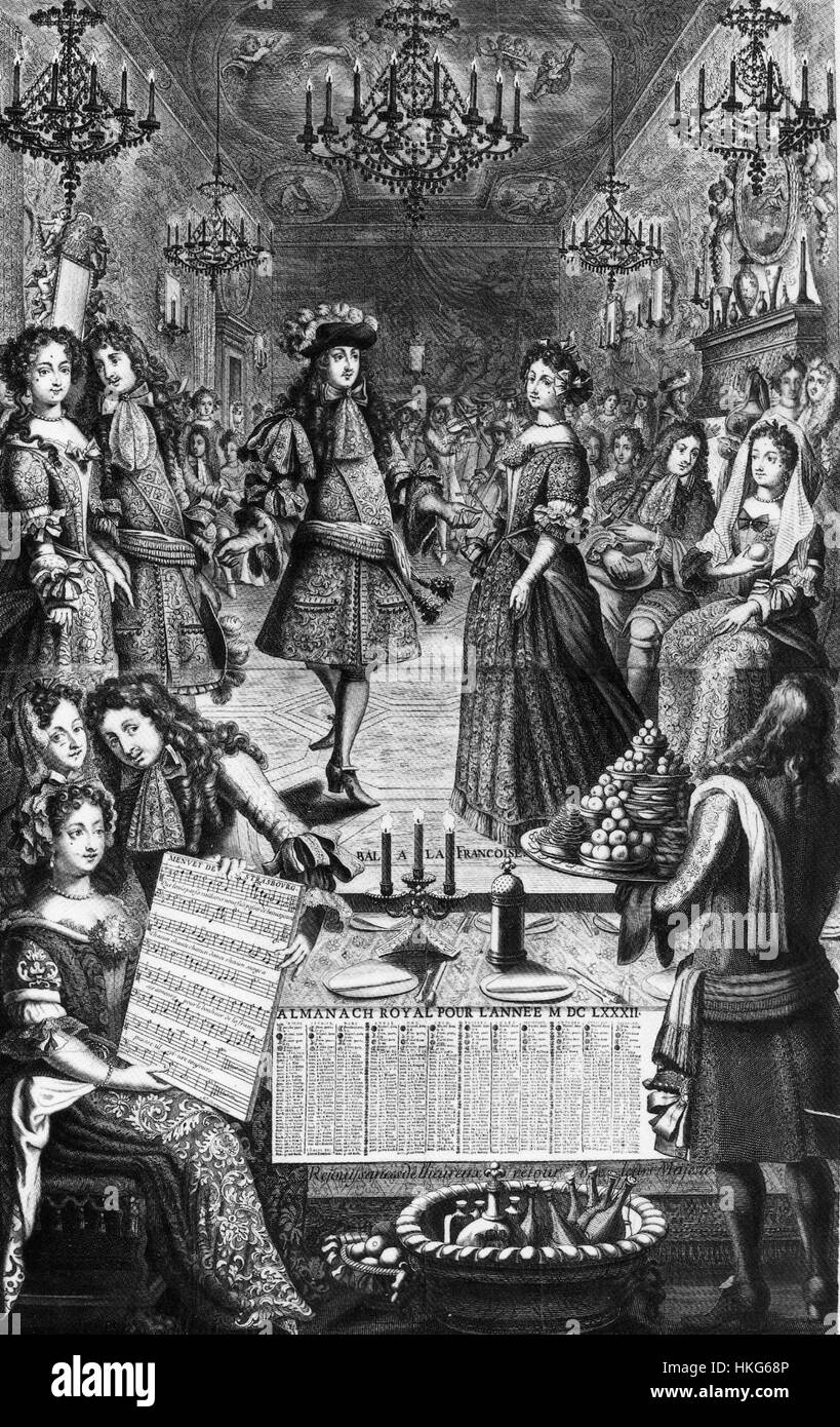 Cette gravure représente un bal somptueux tenu en 1682 par le roi Louis XIV de France. Il fait partie de l'Almanach Royal, capturant la grandeur de la cour de France et l'opulence du règne du Roi Soleil. Banque D'Images