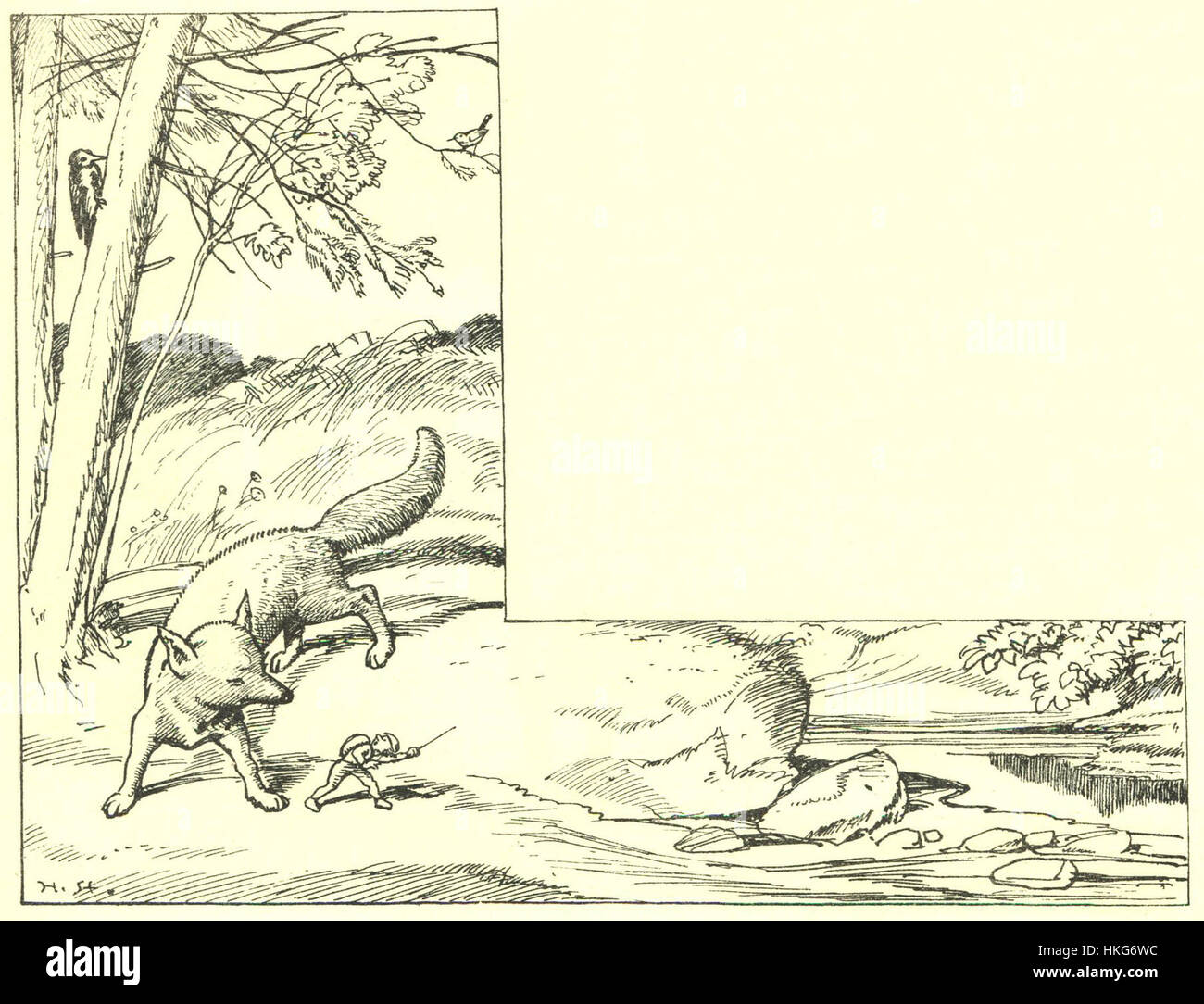 'Le voyage du petit Poucet' est une illustration du célèbre conte de fées français de Charles Perrault. Cette œuvre d'art dépeint le voyage magique de Little Thumb, en se concentrant sur les éléments fantaisistes et fantastiques de l'histoire. Banque D'Images