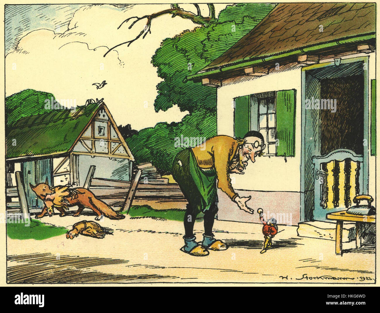 Une scène tirée de « le voyage du petit poucet », une illustration de Grimm, représentant un épisode du célèbre conte de fées du petit pouce, avec une représentation fantaisiste et détaillée. Banque D'Images