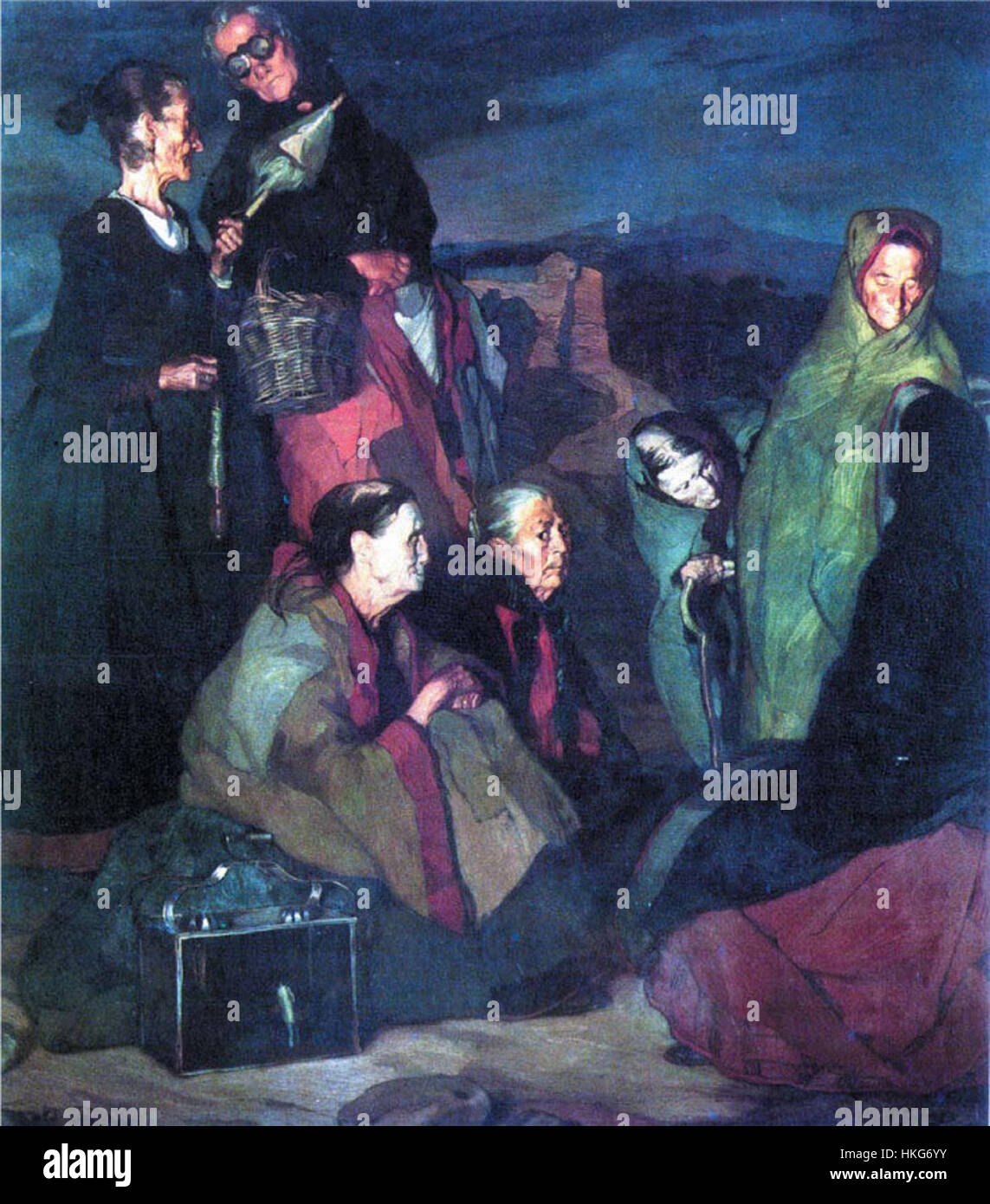 Las Brujas de San Millan (1907) d'Ignacio Zuloaga capture une scène sombre et mystérieuse inspirée du folklore espagnol. La peinture met en valeur le style distinctif de Zuloaga, mêlant tradition et exploration profonde des mythes et légendes culturels espagnols. Banque D'Images