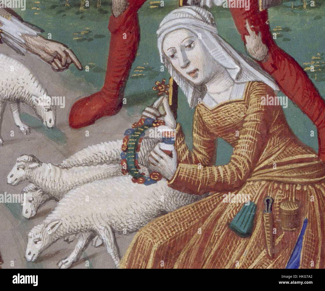 Cette œuvre d'art représente 'L'Annonciation aux bergers', un moment dans l'histoire biblique de la nativité. La bergère, avec son troupeau, est montrée recevant le message de la naissance du Christ de la part de l’ange. Banque D'Images