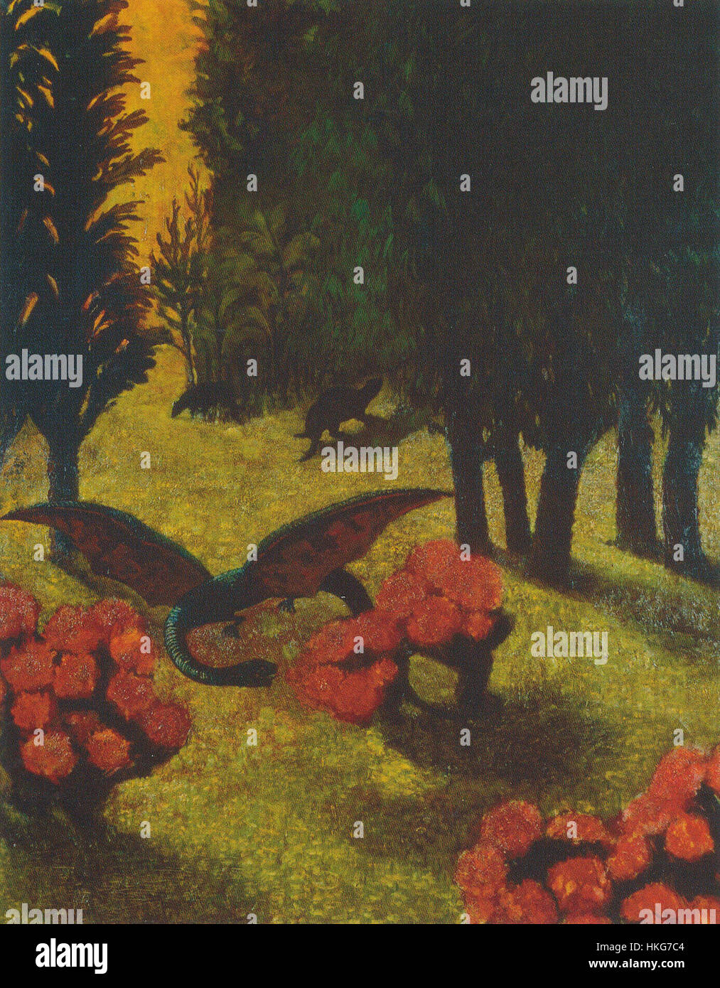 La peinture Paratiisi (Paradis) d’Oscar Parviainen présente des paysages luxuriants et vibrants mêlant des éléments de la nature et du symbolisme spirituel. L'artiste utilise des couleurs vives et des détails fins pour capturer l'essence d'un paradis idyllique. Banque D'Images