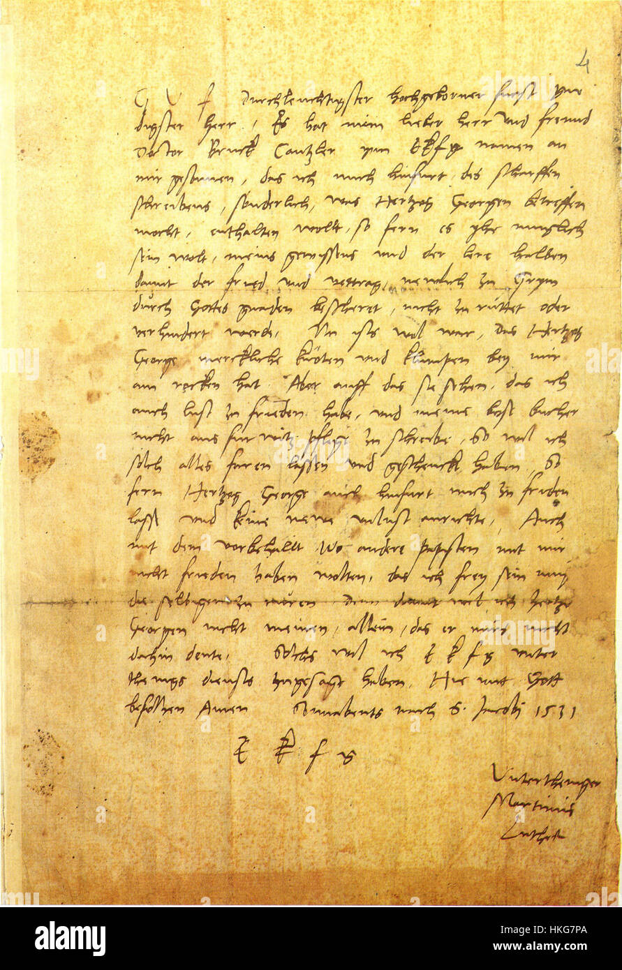 Cette lettre autographe de Martin Luther, écrite en 1531, offre un aperçu des perspectives personnelles et théologiques du réformateur allemand à une époque charnière de la réforme protestante. La lettre est un document historique important. Banque D'Images