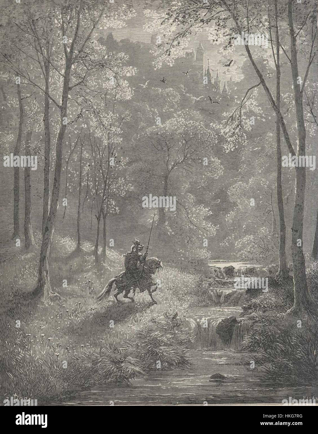 Une illustration de Don Quichotte par Gustave Doré, représentant la célèbre scène de Don Quichotte dans ses aventures chevalières. Les gravures détaillées de Doré sont connues pour leur profondeur dramatique et émotionnelle, donnant vie au classique littéraire avec des images éclatantes. Banque D'Images