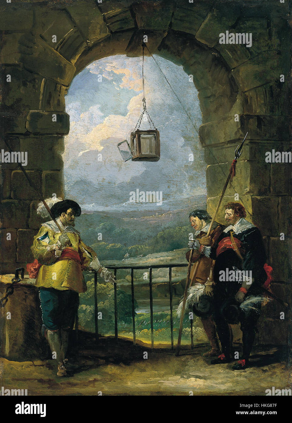 La peinture de Hubert Robert, « civil Guard », représente une scène militaire avec des gardes en service. L'œuvre met en valeur la discipline et l'uniformité de la garde civile, dans un paysage serein. Banque D'Images