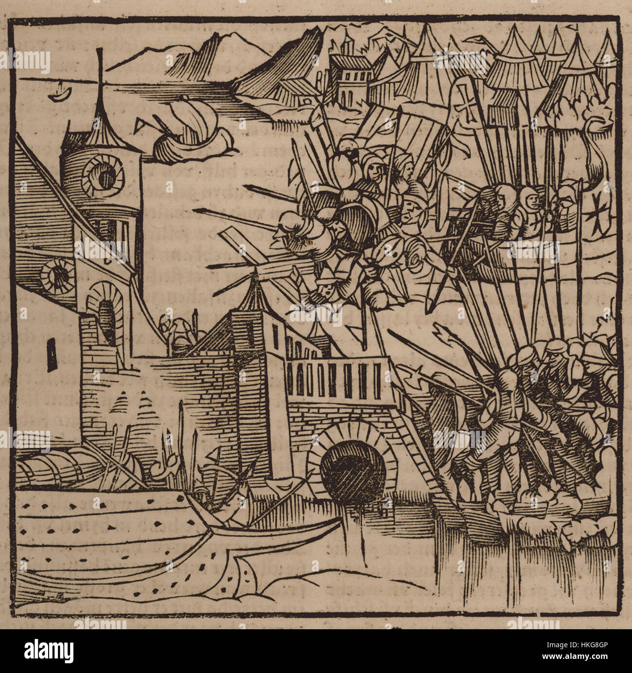 Le tableau de Johannes Adelphus de 1513 représente la bataille de Negropont, un conflit important en 1470 entre les forces de l'Empire ottoman et les Vénitiens. L'œuvre met en valeur l'engagement naval dramatique et l'action militaire historique. Banque D'Images