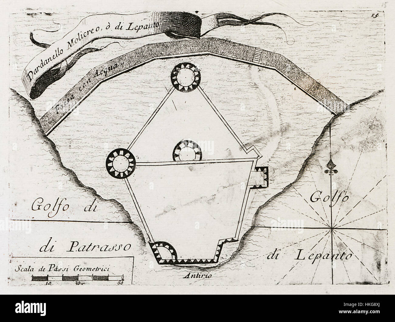 Cette carte historique de Vincenzo Coronelli de 1686 illustre les Dardanelles et la bataille de Lépante, capturant l'importance stratégique de la région pendant les conflits de l'Empire ottoman avec les puissances européennes. Banque D'Images