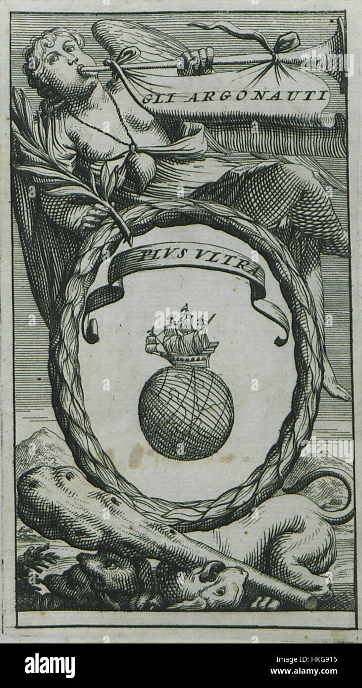 Un frontispice de 1695 de Vincenzo Coronelli et Antonio Parissoti, illustrant la représentation allégorique de l'Accademia Cosmografica degli Argonauti, une société scientifique vénitienne. Banque D'Images