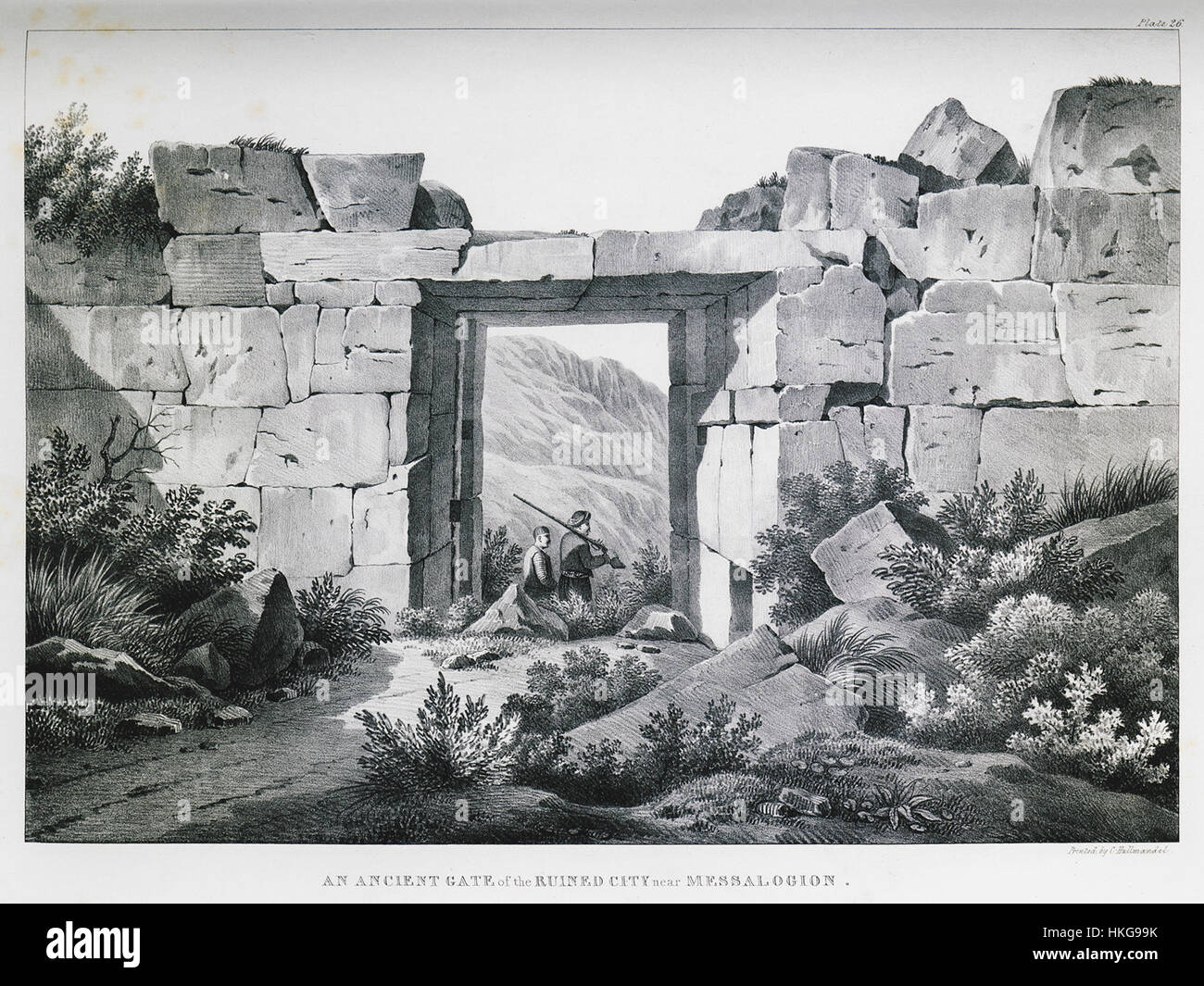 La peinture d’Edward Dodwell de 1834 représente une ancienne porte d’une ville en ruine près de Messalogion, reflétant l’architecture classique et l’exploration archéologique de l’époque. Banque D'Images