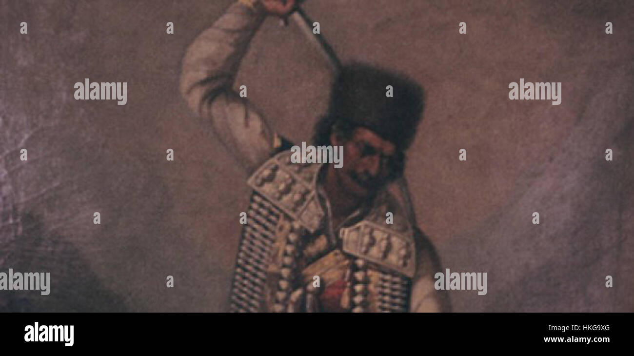 Cette œuvre en gros plan de Bajo Pivljanin, un héros national croate renommé du XVIIe siècle, capture le caractère et l'audace de la figure. La peinture reflète le rôle de Pivljanin dans la défense de la Croatie pendant les guerres ottomanes. Banque D'Images