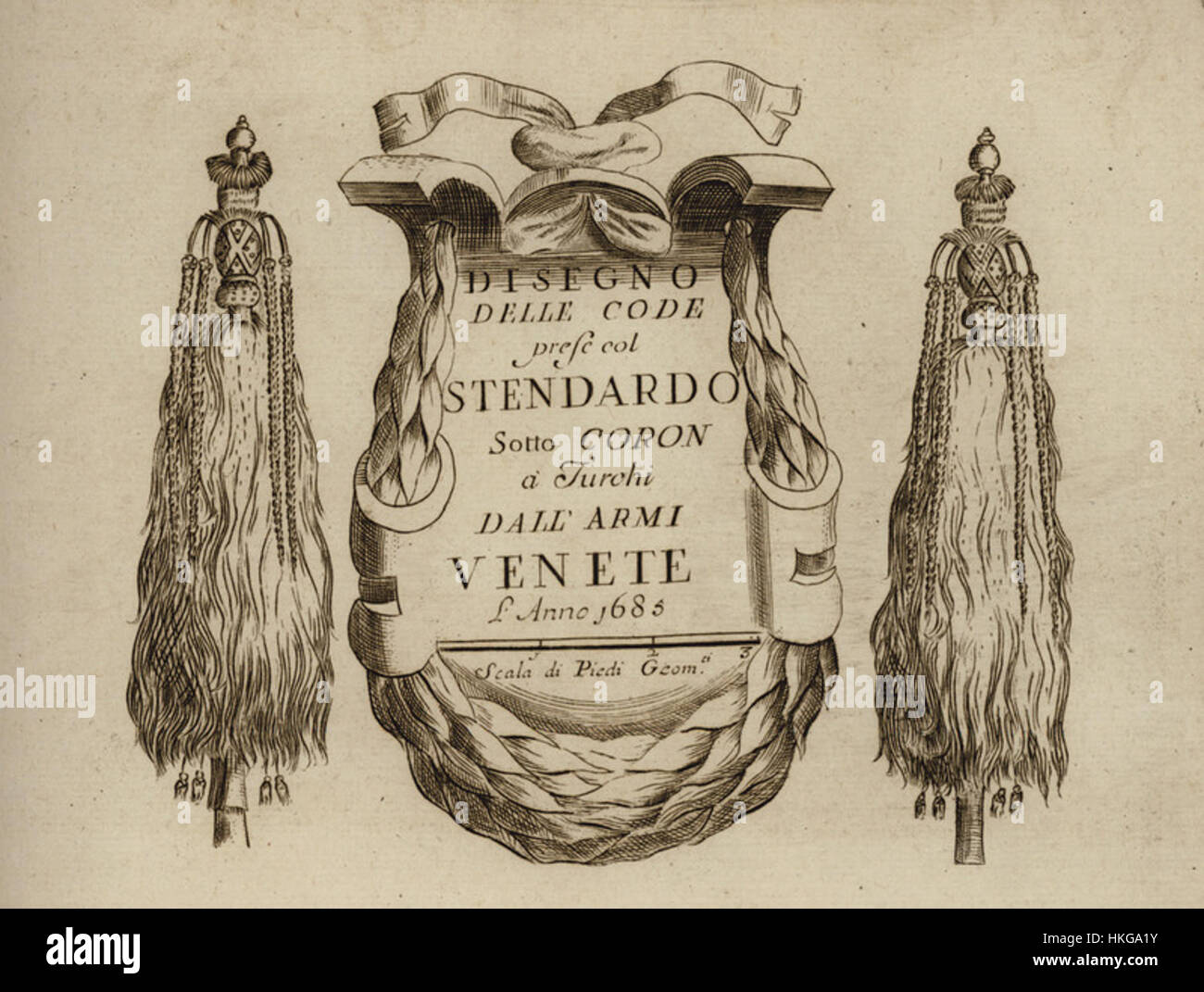 Cette œuvre de Vincenzo Coronelli, datant de 1687, dépeint une scène historique des guerres vénitiennes-ottomanes, montrant la capture des drapeaux turcs par les forces vénitiennes en 1685. La pièce est un document historique important des réalisations militaires vénitiennes au cours de la période. Banque D'Images