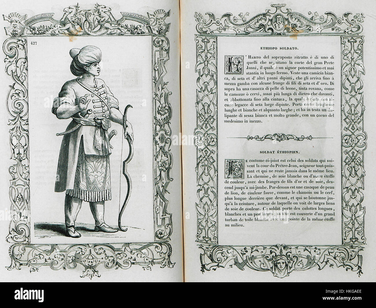 Cette peinture de 1860, *Ethiopo soldato* de Cesare Vecellio, représente un soldat africain de la Renaissance. Le travail de Vecellio est connu pour ses représentations détaillées de divers groupes ethniques, montrant son intérêt pour la diversité culturelle dans les contextes militaires. Banque D'Images