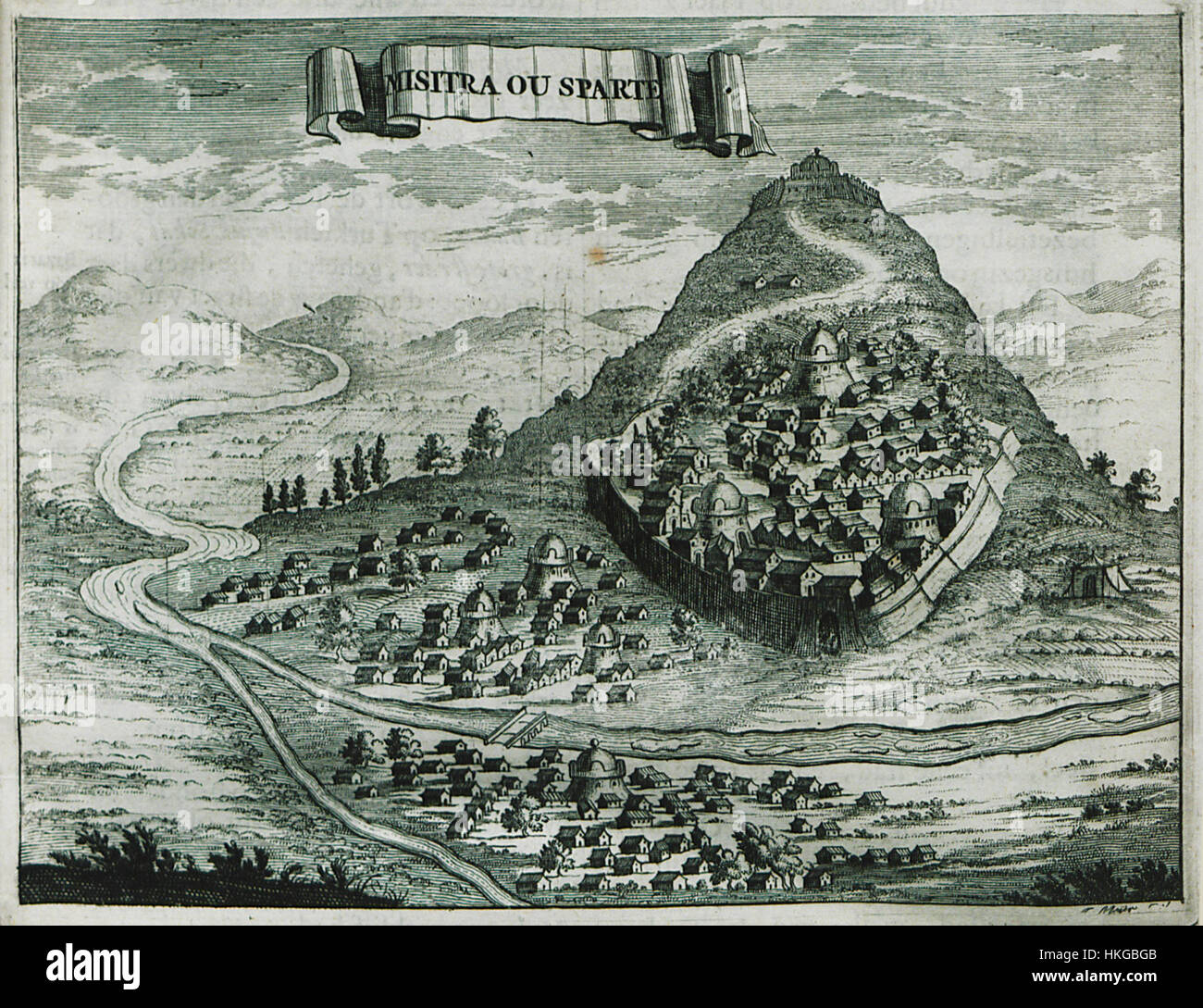 Gravure de 1688 d'Olfert Dapper, représentant les villes antiques de Misitra et Sparte. L'œuvre présente des vues historiques et des aperçus des civilisations grecques antiques au XVIIe siècle. Banque D'Images