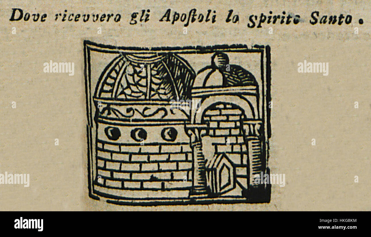 Cette peinture de 1600, 'Dove ricevvero Li Apostoli lo Spirito Santo', dépeint le moment où les apôtres ont reçu l'esprit Saint, un événement important dans la tradition chrétienne. L'œuvre est attribuée à Bianco Noe et met en valeur son art religieux pendant la période baroque. Banque D'Images
