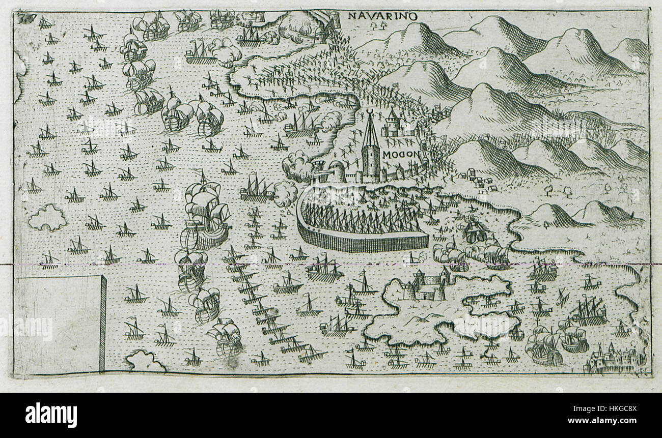 'Le siège de Pylos (Navarin) et Methoni par la flotte de la Sainte Ligue (1571)' de Giuseppe Rosaccio capture une confrontation militaire significative pendant les guerres ottomane-vénitienne, dépeignant l'engagement naval et la tactique de siège. Banque D'Images
