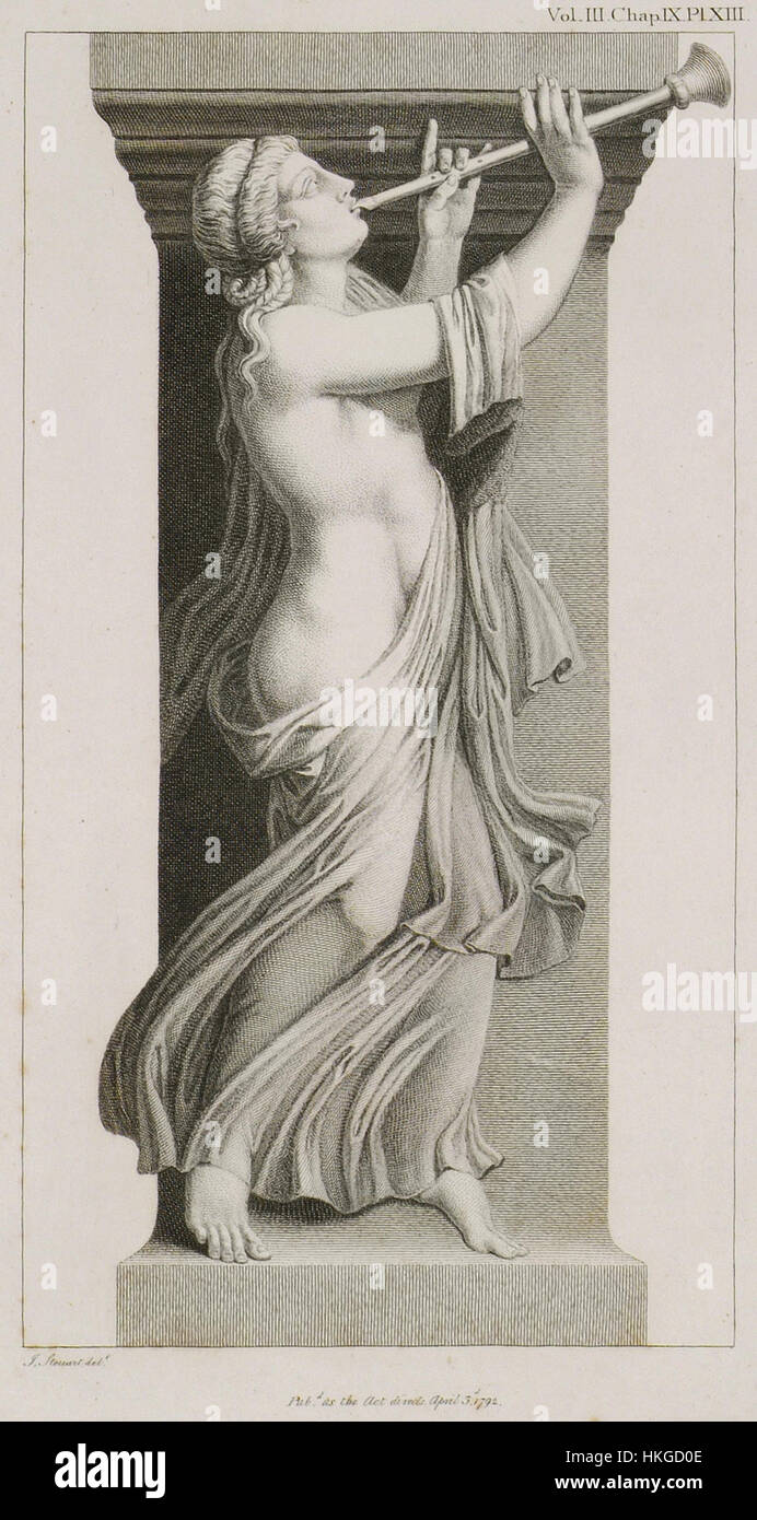 Cette peinture de 1794, créée par Stuart James et Revett Nicholas, représente un Bacchante dansant et jouant de la flûte. Le Bacchante, adepte de Dionysos dans la mythologie grecque, est dépeint d'une manière exubérante et vivante, incarnant l'esprit de la joie et des traditions anciennes. L'œuvre reflète des influences classiques dans son style et sa composition. Banque D'Images