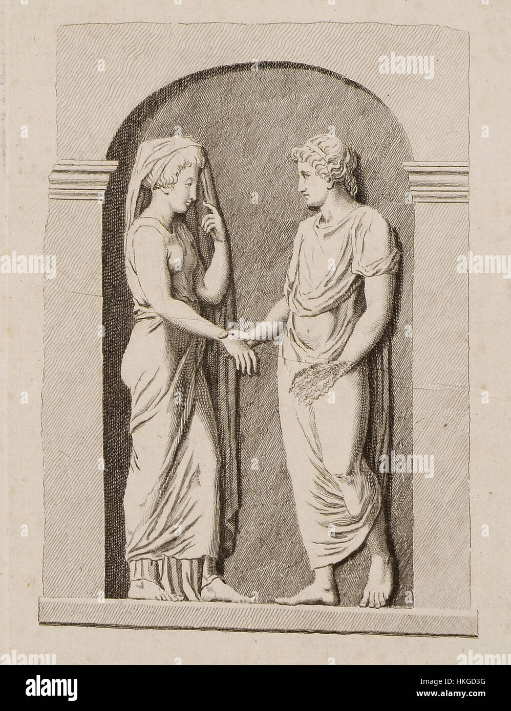 Cette stèle funéraire, créée en 1787 par Stuart James et Nicholas Revett, représente un adieu poignant au défunt, mettant en évidence l'habileté des artistes à capturer des thèmes émotionnels et historiques dans la pierre. Banque D'Images