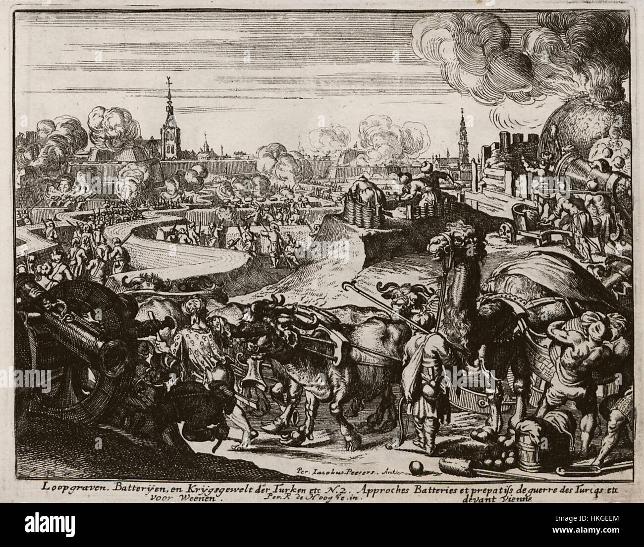 Cette gravure de 1686 de Jacob Peeters représente des scènes de guerre de tranchées, de batteries d'artillerie et de batailles impliquant les Turcs, mettant en évidence les conflits militaires de l'époque. Banque D'Images