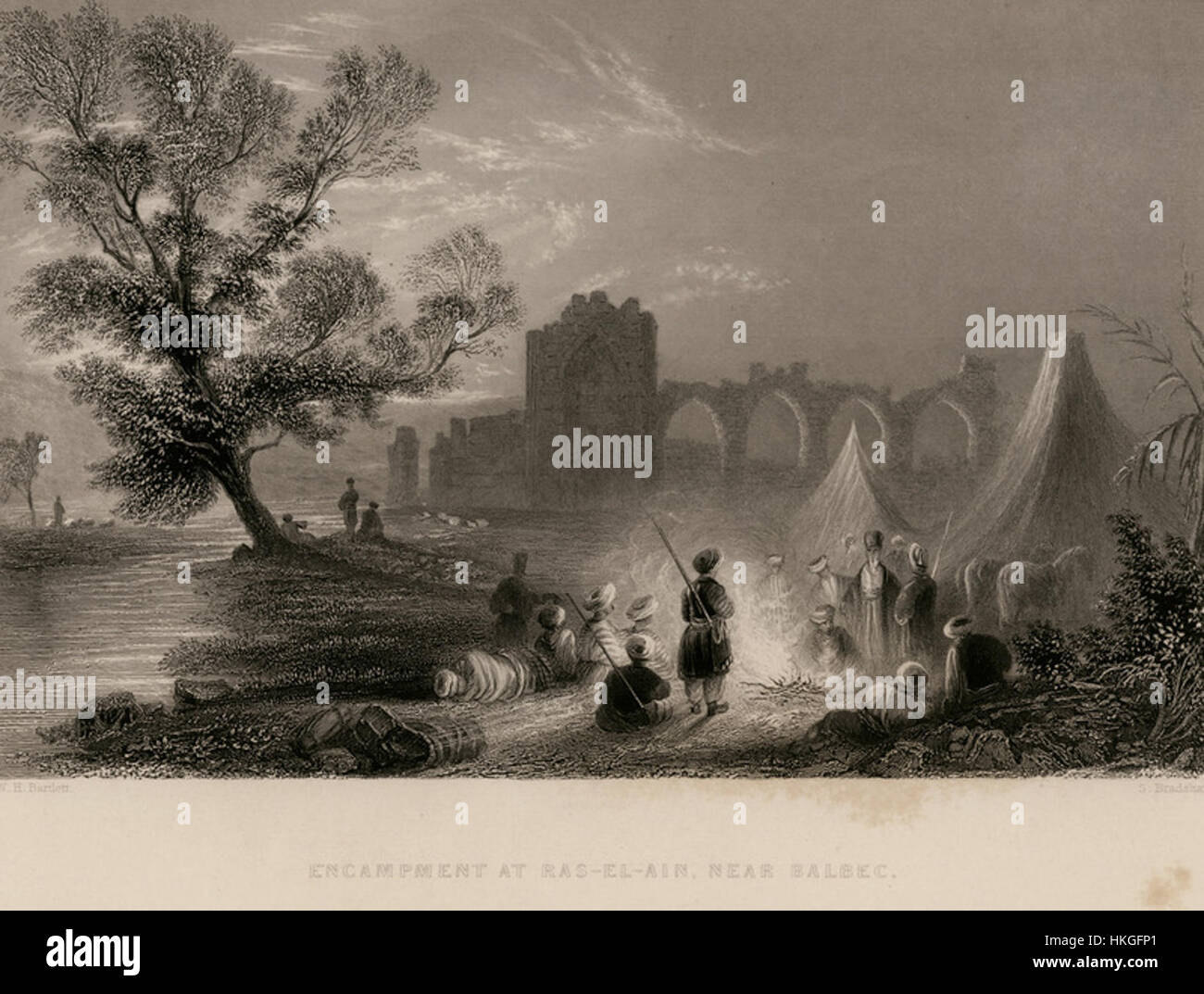 Cette peinture de 1836 de John Carne représente un campement à Ras El Ain, près de Balbec, capturant la vie quotidienne et l'importance historique de cette région au moyen-Orient au XIXe siècle. Banque D'Images