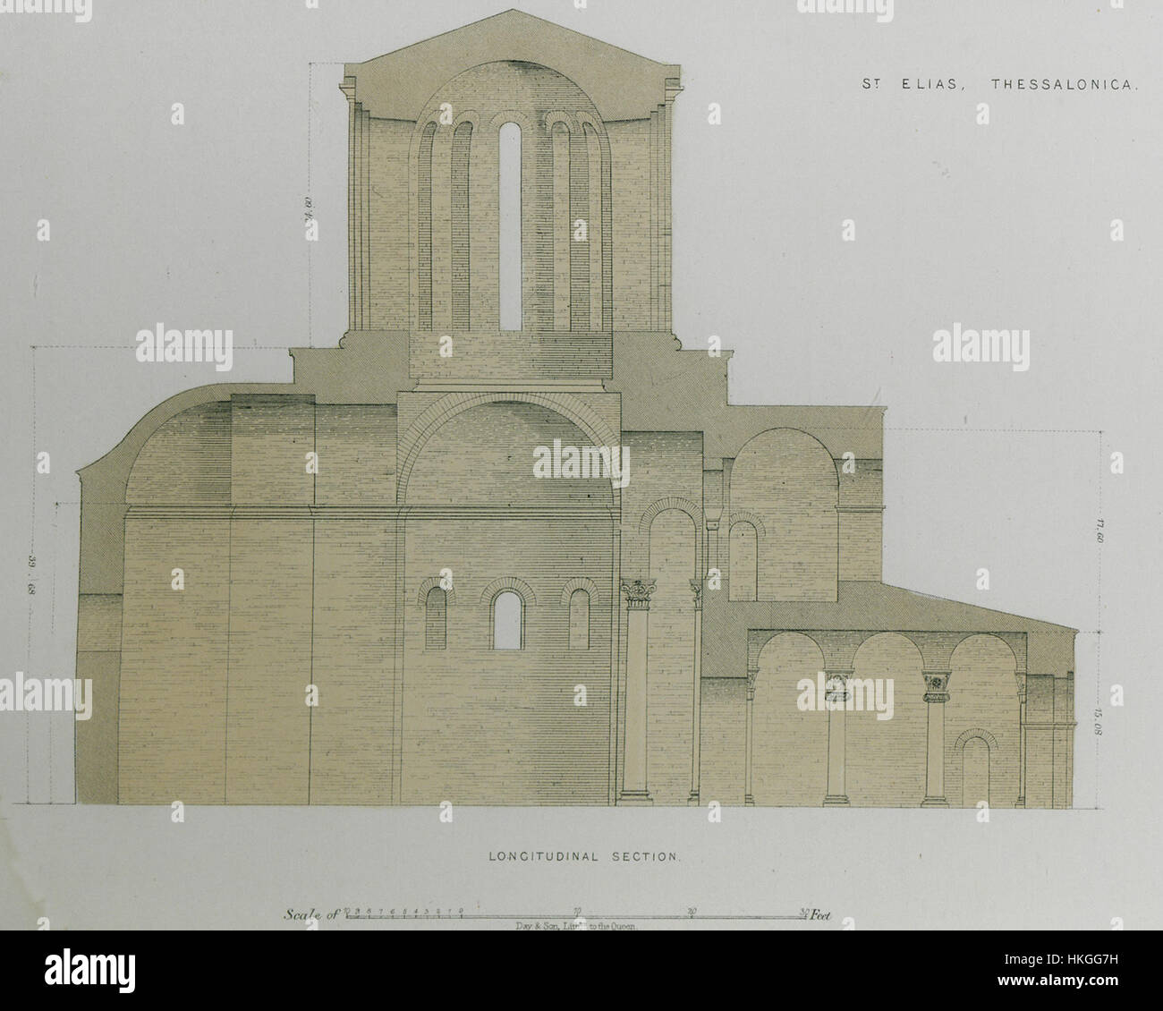 Charles Texier (1864), « section longitudinale des éléments Elias Thessalonica », est un dessin architectural détaillé de l'église. Il présente la conception, la structure et l'aménagement spatial de l'église, fournissant un aperçu de l'architecture byzantine à Thessalonique au XIXe siècle. Banque D'Images
