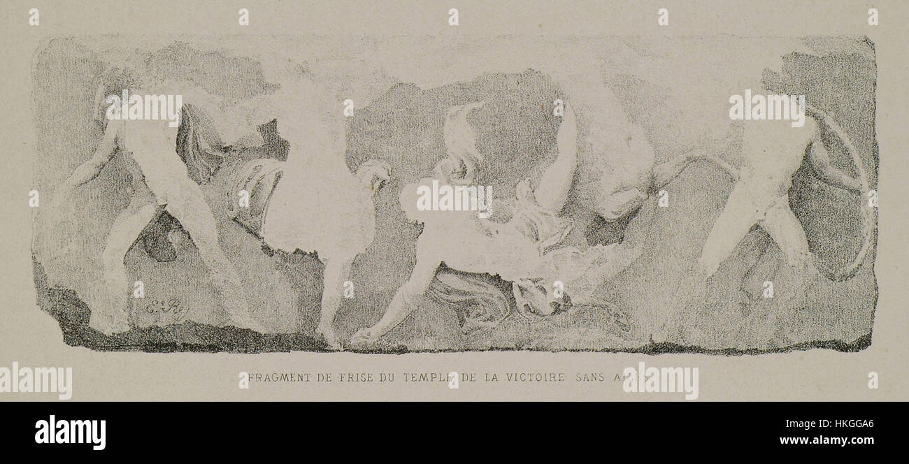 Fragment de frise du Temple de la victoire sans ailes, peint par Etienne Rey en 1867. Cette œuvre capture l'influence classique de l'architecture grecque antique, mêlant représentation historique et style artistique de la fin du XIXe siècle. Banque D'Images