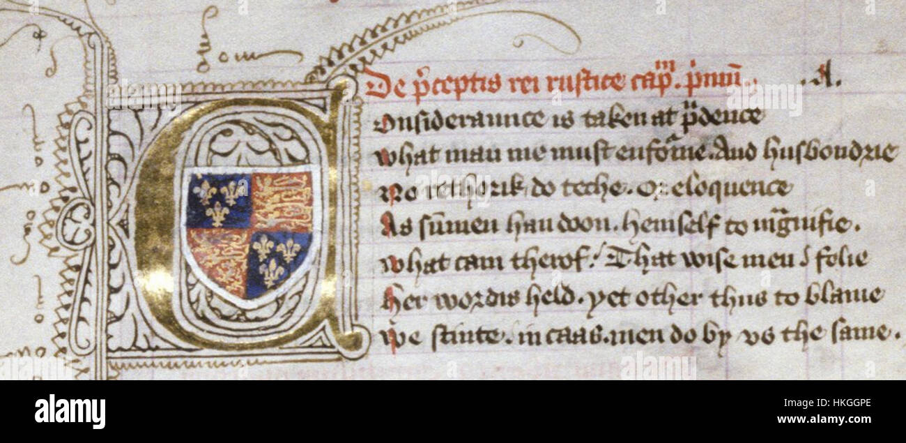 Cette *initiale historiée* présente les armoiries d'Humphrey, duc de Gloucester, figure clé de l'histoire médiévale anglaise. L’œuvre, réalisée au XVe siècle, utilise une calligraphie complexe et un design héraldique pour représenter l’armurerie et l’identité du duc. Il reflète les nobles traditions et l'artisanat de l'époque, célébrant le statut et la lignée du duc. Banque D'Images
