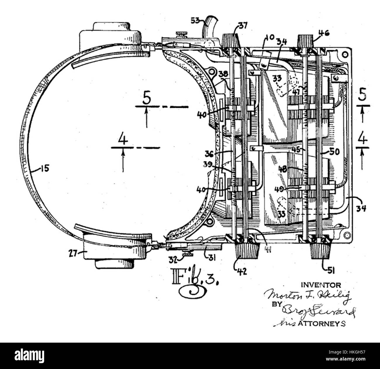 Cette figure du brevet de Morton Heilig illustre les premières idées de la technologie de réalité virtuelle, représentant un design conceptuel pour des expériences visuelles immersives. Le travail est important pour son approche pionnière de ce qui deviendra plus tard la réalité virtuelle. Banque D'Images