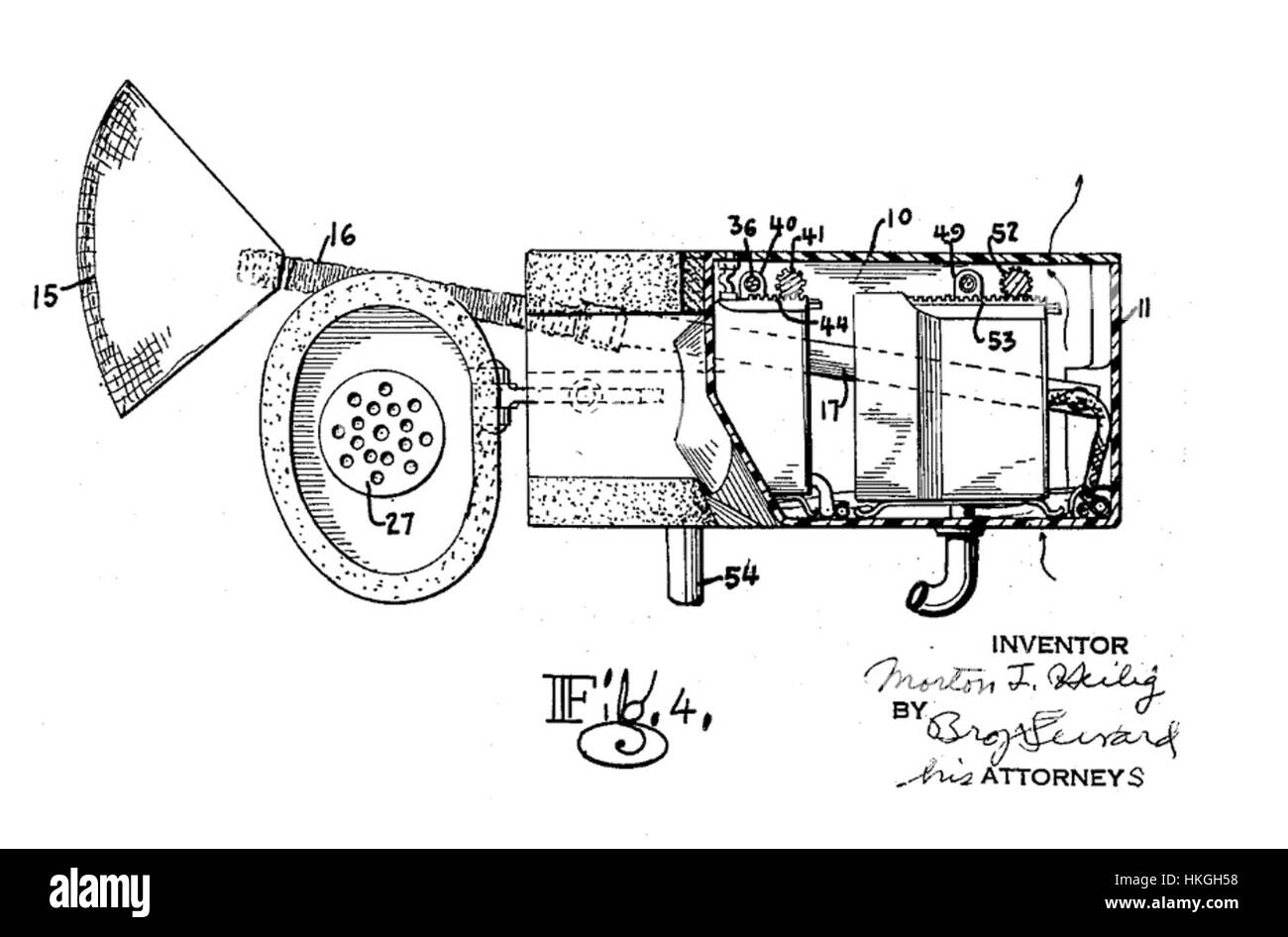 Ce diagramme représente *la figure 4* du brevet de Morton Heilig, illustrant son travail révolutionnaire dans le domaine de la technologie de réalité virtuelle. Heilig est reconnu pour ses contributions aux médias immersifs, et ce chiffre est un élément clé dans le développement de la technologie de simulation. Banque D'Images