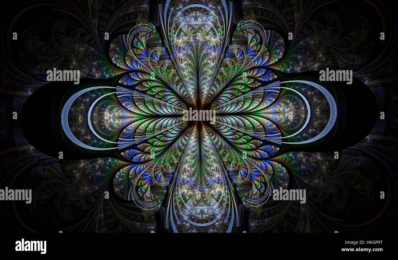 Modèle fractal symétriques multicolores comme fleur ou papillon en vitrail de style. Les graphiques générés par ordinateur. Banque D'Images
