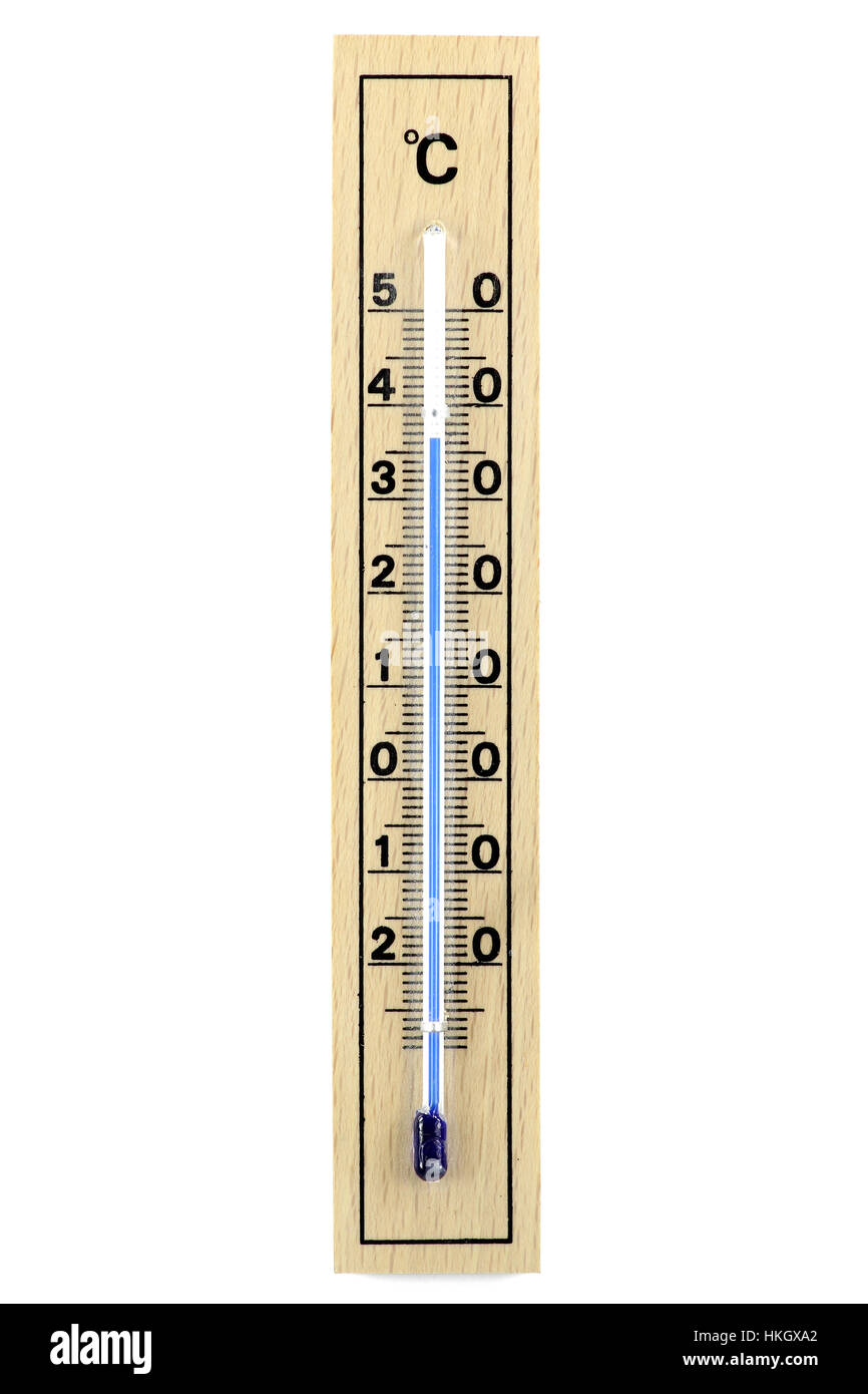 Thermomètre en bois isolé sur fond blanc montrant 36-37 degrés Celsius Banque D'Images