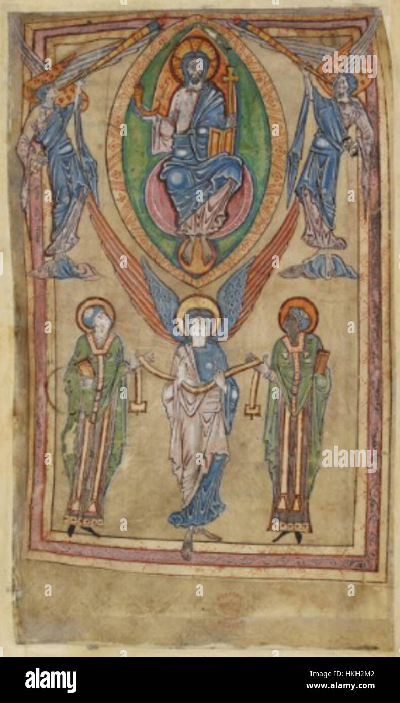 Cette page du Psautier Tibère, un manuscrit enluminé, présente des œuvres d'art religieuses complexes. Le Psautier est remarquable pour ses représentations détaillées de scènes bibliques, peintes dans des couleurs vives. Il reflète la tradition chrétienne médiévale de l'enluminure manuscrite et a été créé au XIe siècle. Banque D'Images