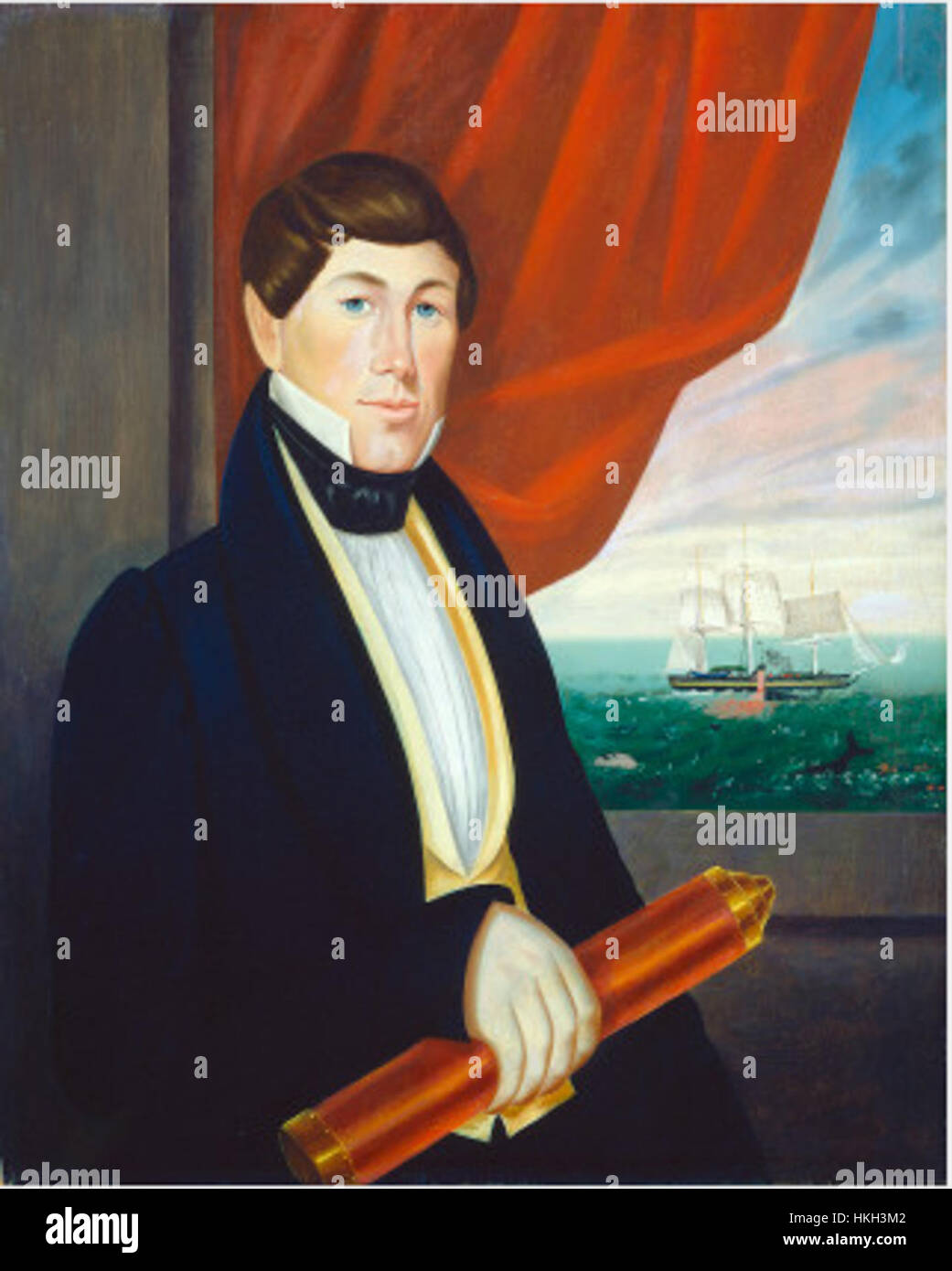 Le tableau *Connecticut Sea Captain* représente un capitaine maritime du Connecticut, capturant le rôle des hommes de mer dans les débuts de l'histoire américaine. L'œuvre met en évidence la nature sauvage de la vie maritime et le leadership des capitaines à cette époque. Banque D'Images