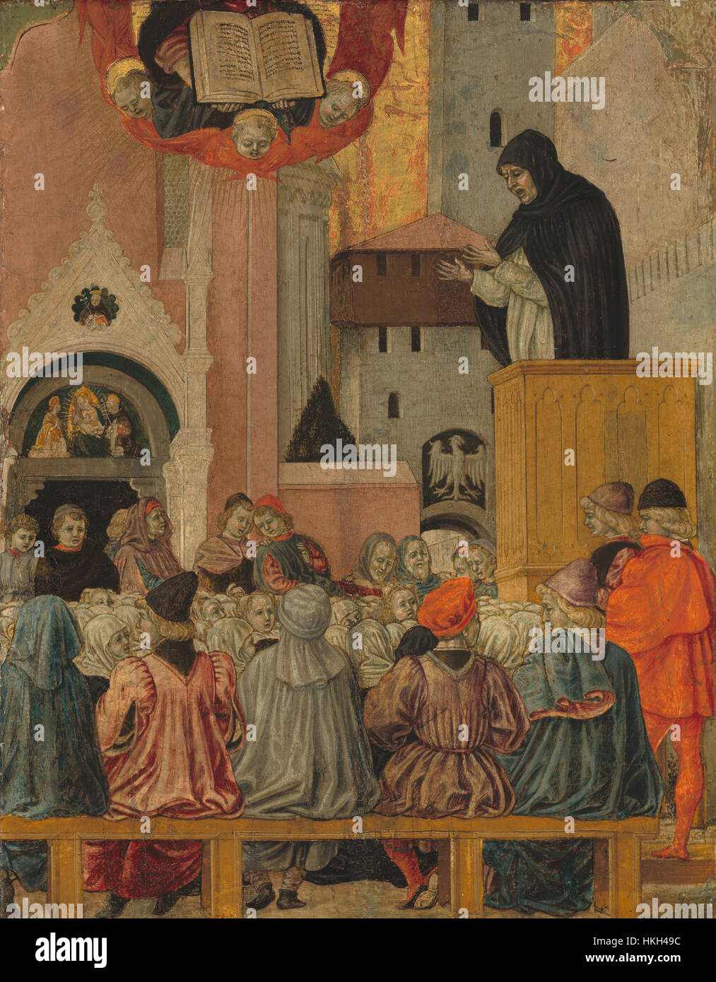 Cette peinture, « Une prédication dominicaine », représente un moine dominicain prononçant un sermon. Il souligne le rôle religieux des frères dominicains dans la diffusion des enseignements chrétiens pendant la période médiévale. Banque D'Images