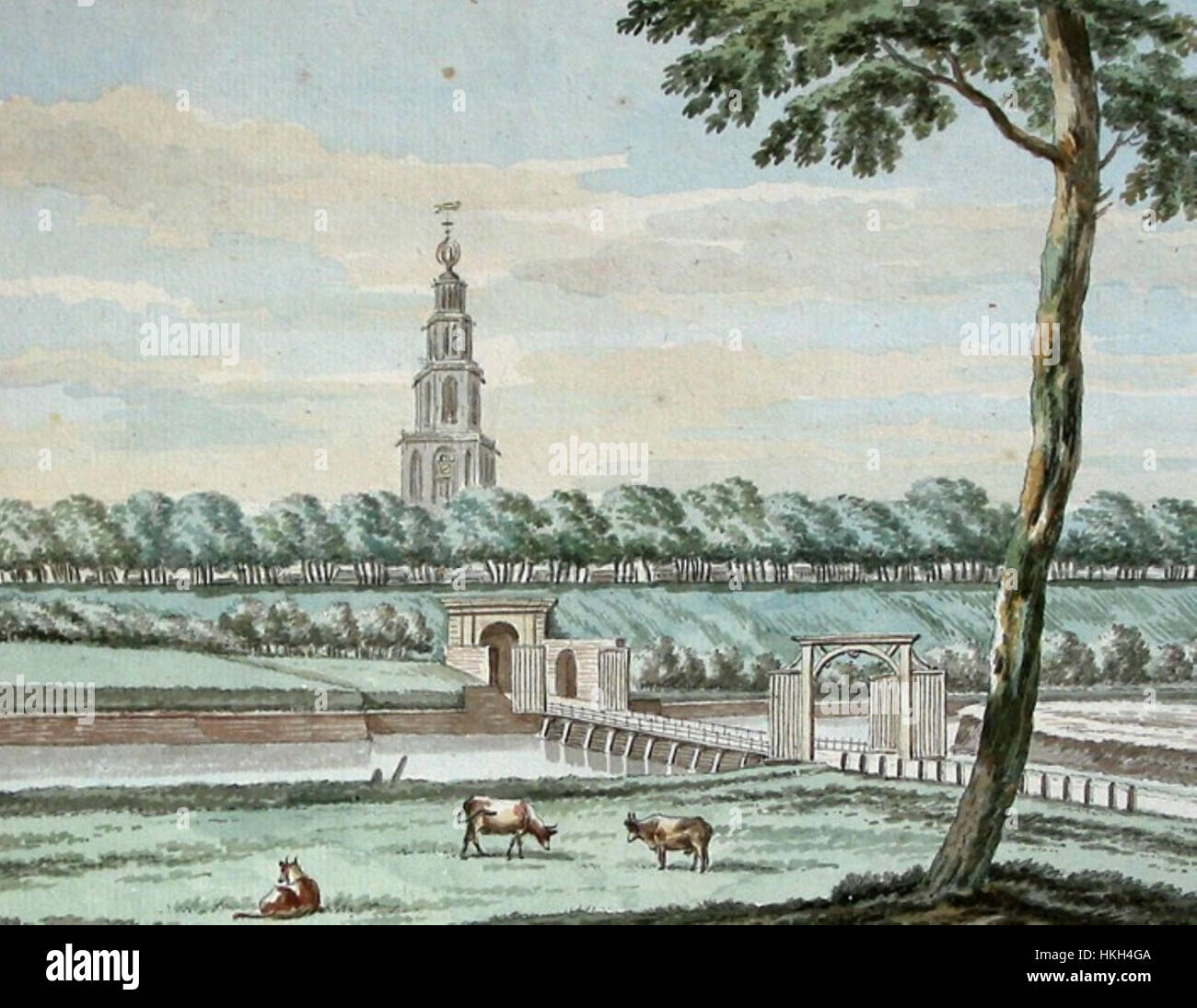 Cette peinture du XVIIe siècle représente une vue détaillée de l'Oosterpoort, une porte historique de Groningen, aux pays-Bas. L’artiste capture l’architecture et le paysage entourant la structure, soulignant son rôle dans la défense de la ville. Banque D'Images