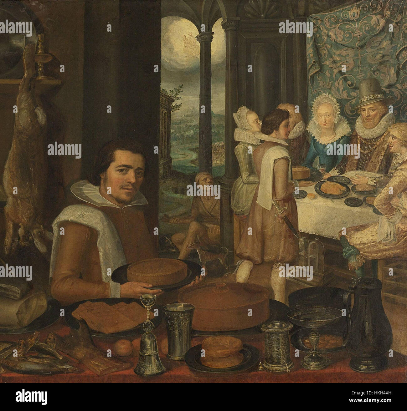 Cette peinture de Pieter Cornelisz van Rijck, créée entre 1610 et 1620, représente une scène de cuisine qui illustre la parabole de l'homme riche et Lazare. L'œuvre met en lumière les thèmes de la richesse, de la pauvreté et de la moralité. Banque D'Images