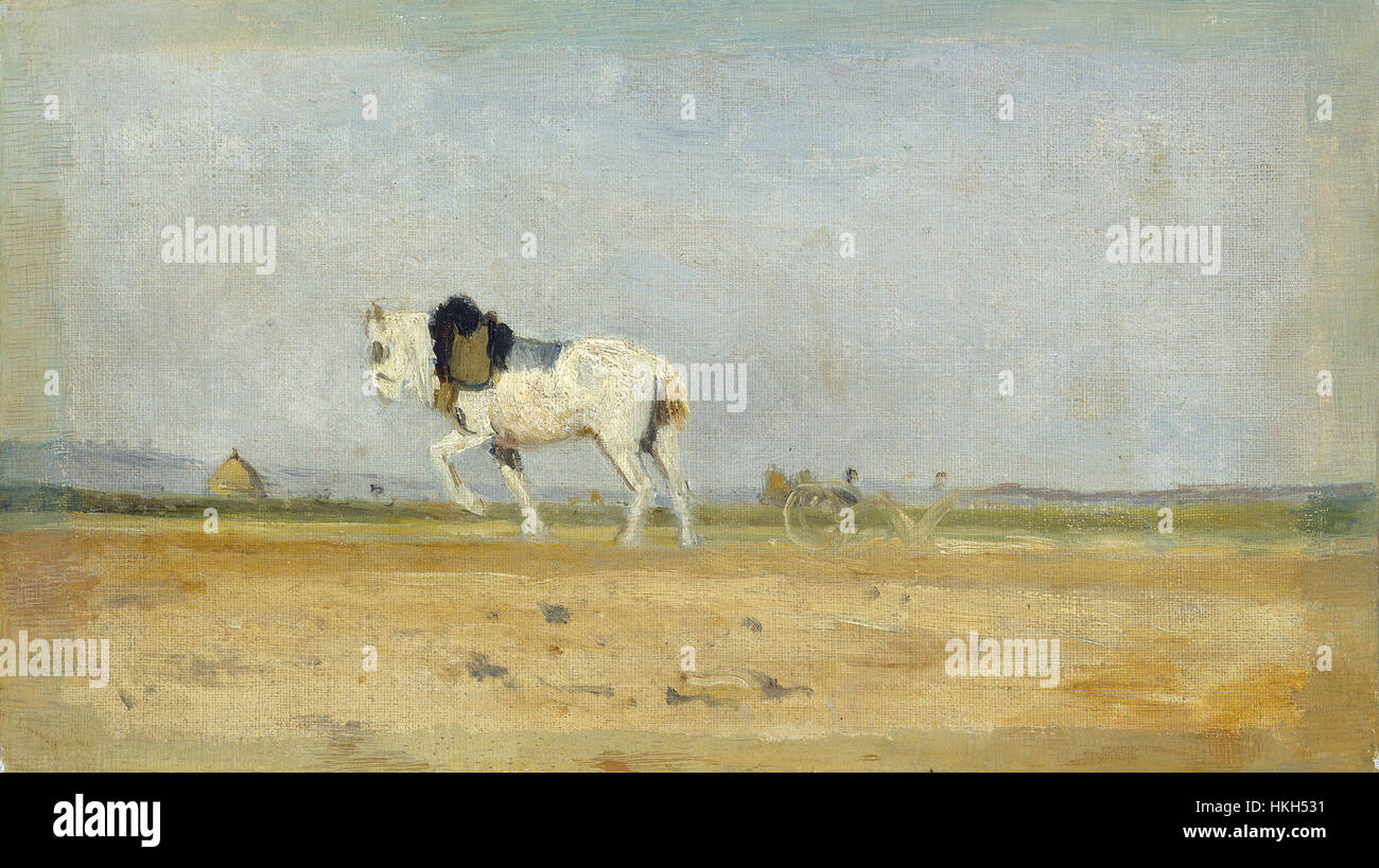 Cette œuvre représente un cheval de charrue dans un champ, capturant le travail rural et la vie agricole. La pièce met en lumière le rôle du cheval dans l'agriculture, illustrant sa force et son utilité dans le contexte du travail traditionnel de terrain. Banque D'Images