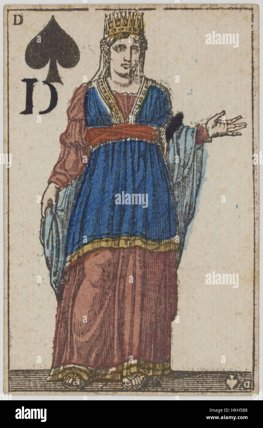 Le premier jeu de cartes de l'Empire français, datant de 1810, met en vedette la Reine de pique. Cet artefact historique représente le style artistique et les thèmes culturels de l'époque napoléonienne en France. Banque D'Images
