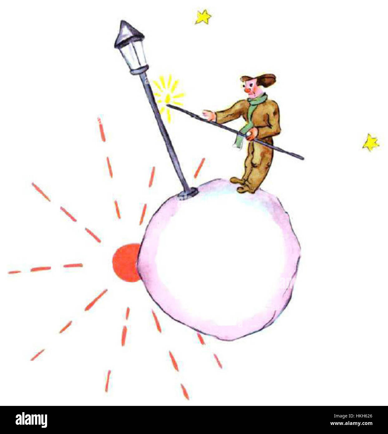 Cette illustration tirée de 'le petit Prince' montre le personnage du lamplighter. Dans l'histoire, le lamplighter est une figure symbolique, représentant le dévouement et la responsabilité, bien qu'il soit piégé dans une routine répétitive et absurde. Banque D'Images